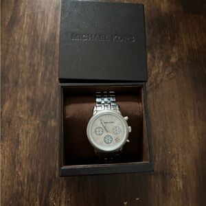 Michael Kors Silver and White Chronograph Bracelet Watch